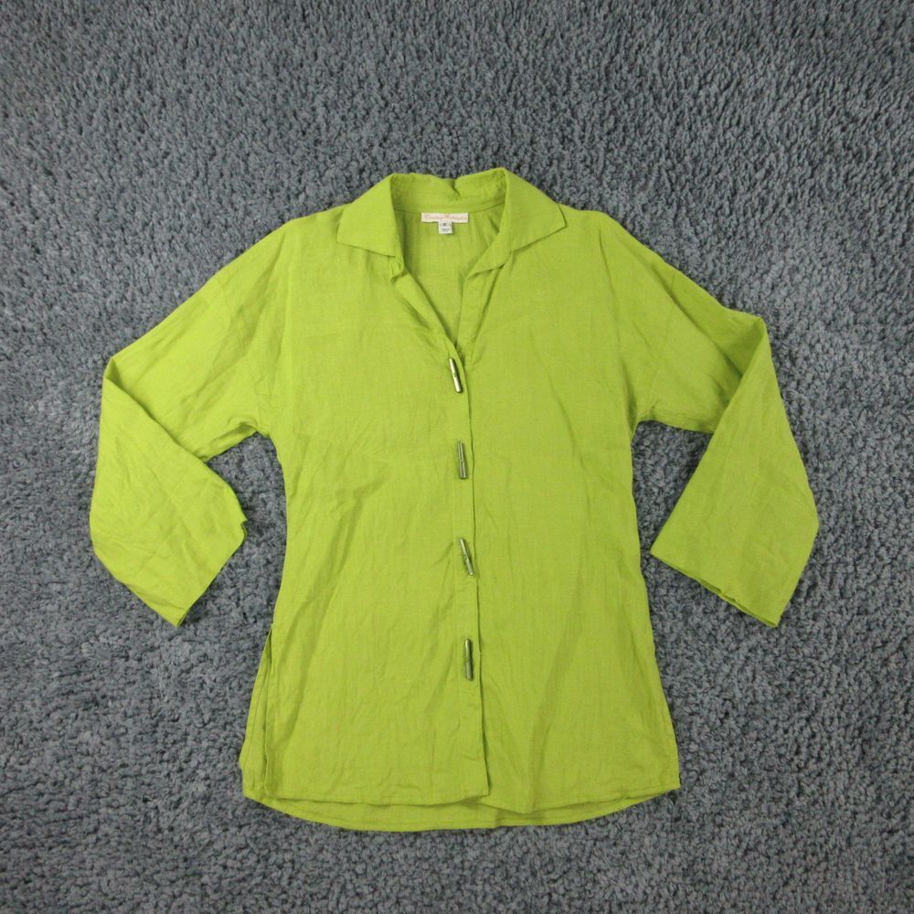 Courtney Washington Shirt Womens Small Green Linen 3/4 Sleeve Tunic Button Up